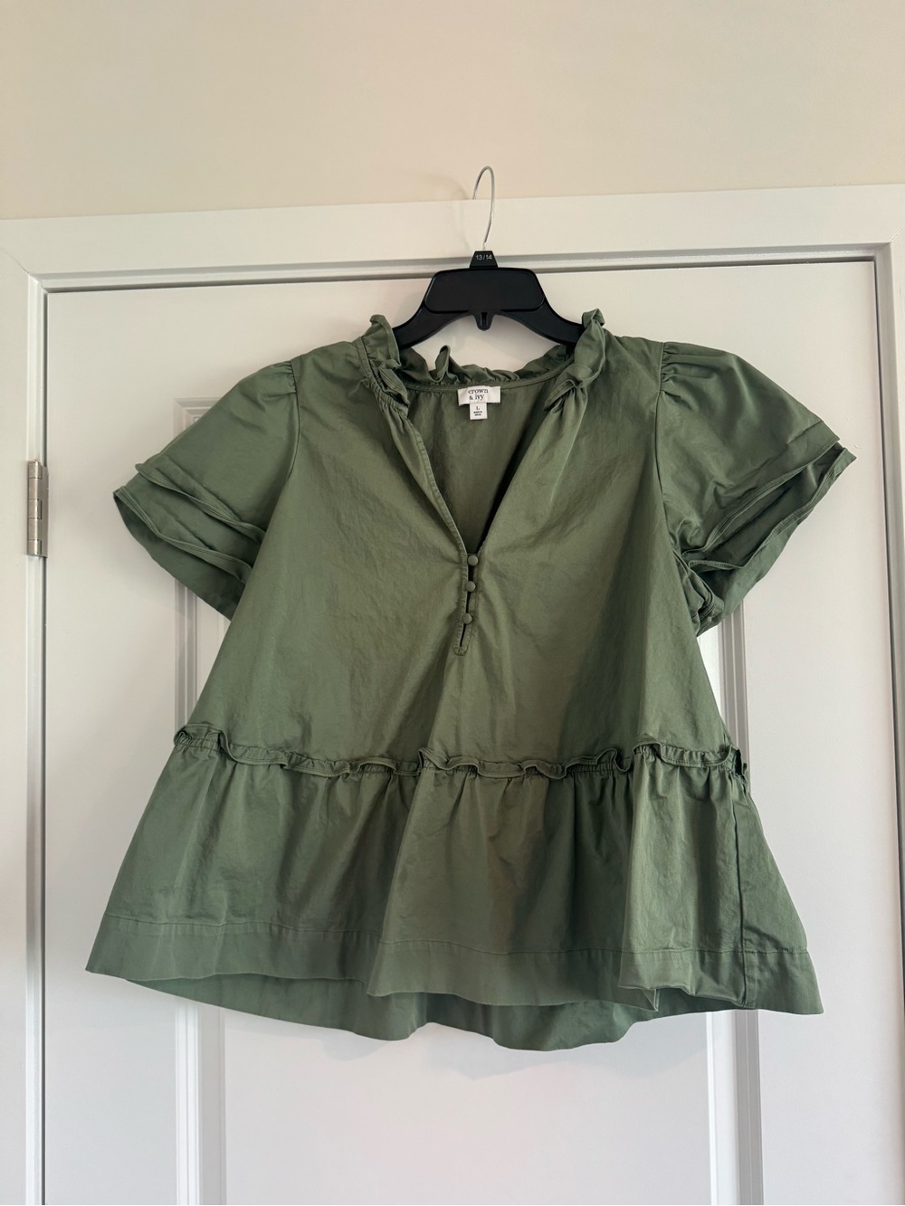 crown & ivy Olive Green Ruffle Peplum Blouse